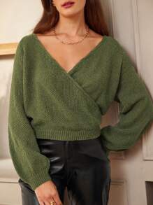 SHEIN Frenchy Quý cô tay cánh Bọc Áo len - Màu xanh Ô liu - Xem 2
