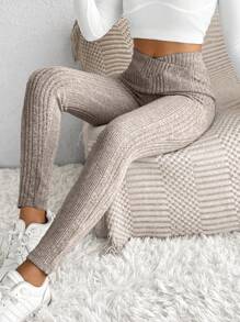 SHEIN Frenchy Leggings de punto acanalado sólido - Albaricoque - Ver 1