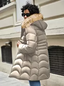SHEIN Met rits Pluizige rand Met kap Pufferjas