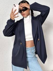 SHEIN Unity Lapel Neck Double Button Blazer - Navy Blue - View 2