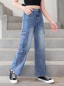 Tween Girl Flap Pocket Side Cargo Jeans - Dark Wash - View 5