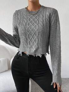 SHEIN Unity Xoắn Dan Chi tiết Nút Áo len Distressed - Xám - Xem 4