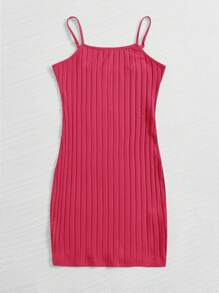 SHEIN EZwear Vestido ajustado unicolor tejido de canalé - Rosado Sandía - Ver 5