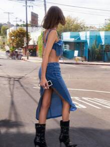 SHEIN Unity Flap Pocket Denim Crop Top & Skirt Two Pieces Set - Blue - View 5