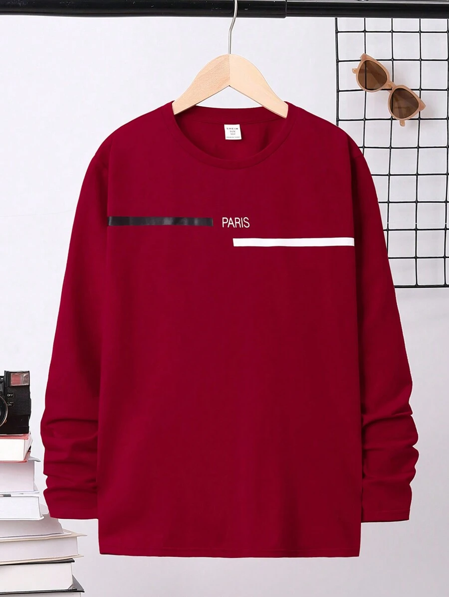 SHEIN 十幾歲男孩字母平面t恤 - 酒紅色 - 查看 1