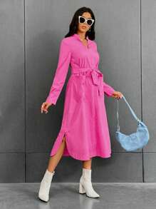 SHEIN Essnce 缺口領腰帶襯衫洋裝