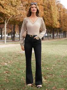SHEIN Frenchy Chèn Lace Tay Raglan Áo thun - Màu be - Xem 3
