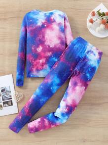SHEIN Tween Girl Galaxy And Cat Print Tee & Pants Snug Fit PJ Set - Multicolor - View 2