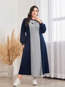 Mulvari Plus Letter Graphic Colorblock Drawstring Hooded Sweatshirt Dress Pullover Fall Outfit