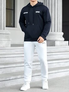 GENTILAND Loose Fit Men's Letter Graphic Kangaroo Pocket Drawstring Hoodie - Navy Blue - View 4