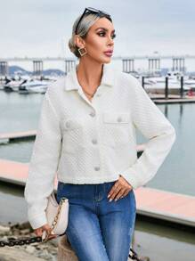 SHEIN Privé 素色前紐扣花呢外套 - 白色 - 查看 5