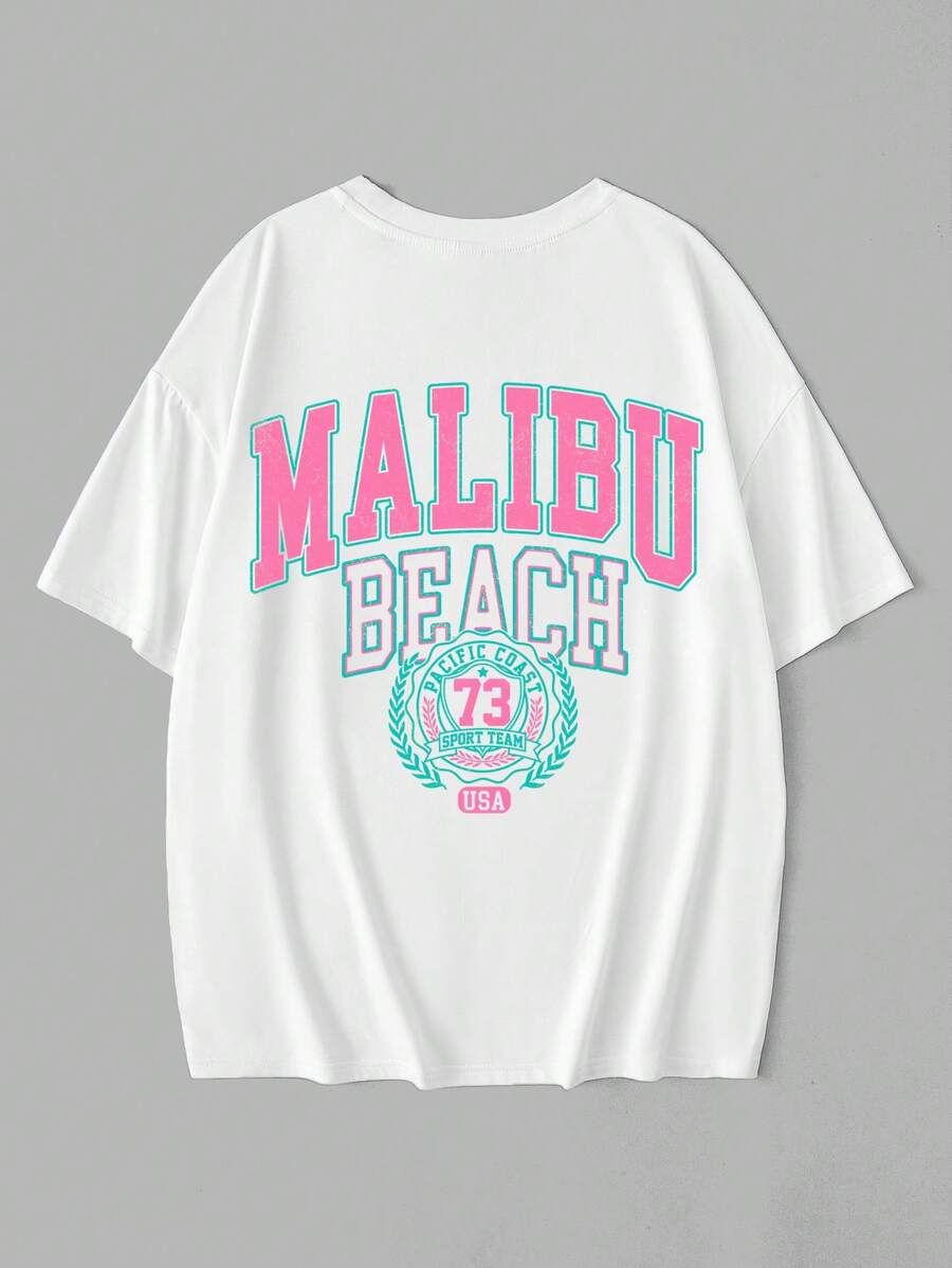 SHEIN EZwear 休闲海滩字母印花超大女式 T 恤，短袖，圆领，适合夏季 MALIBU BEACH PACIFIC COAST 73 SPORT TEAM USA，男女通用 - 白色 - 查看 1
