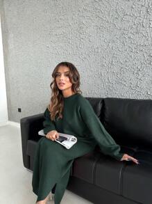 EURMUSE Monochrome Knit Sweater Dress With Drop Shoulder And High Side Slit Detail - Dark Green - View 4