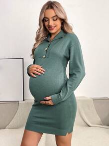 SHEIN Maternity High Neck Drop Shoulder Button Front Sweater Dress, For Winter - Green - View 3