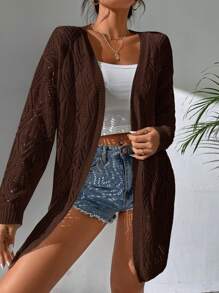 SHEIN LUNE 镂空针织落肩开衫 - 咖啡棕 - 查看 3