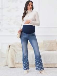 SHEIN Maternity Adjustable Wideband Waist Butterfly Print Flare Leg Jeans - Light Wash - View 6