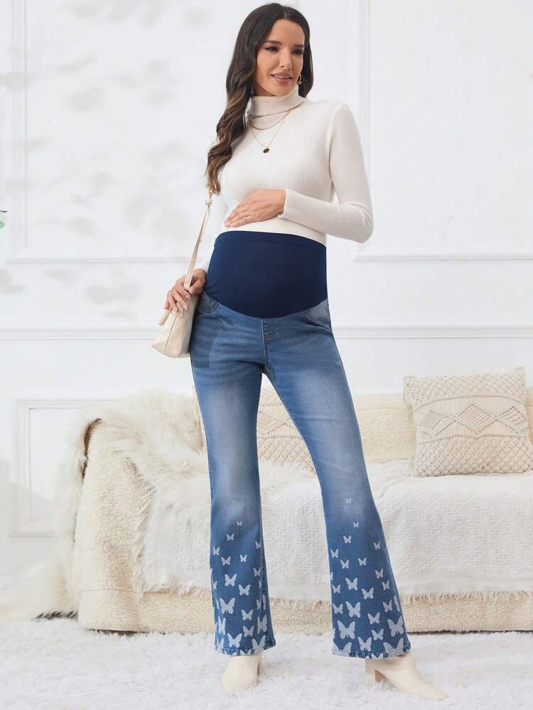 Maternity Adjustable Wideband Waist Butterfly Print Flare Leg Jeans