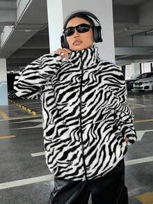 SHEIN EZwear Sọc Ngựa vằn & Mẫu chữ Thả vai áo - Đen và trắng - Xem 4