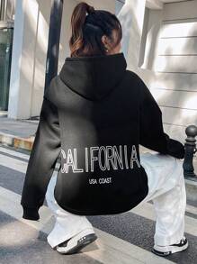 SHEIN Unity Capucha con estampado de letra de hombros caídos con cordón - Negro - Ver 5
