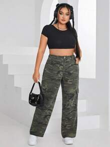 SHEIN EZwear 大碼迷彩印花翻蓋口袋工裝牛仔褲 - 彩色 - 查看 3