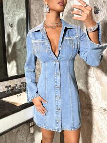SHEIN BAE Split Sleeve Rhinestone Fringe Detail Button Front Denim Dress - Blue - View 6