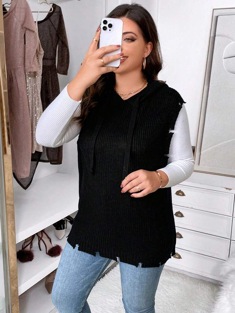 Plus 1pc Ripped Detail Drawstring Hooded Sweater Vest
