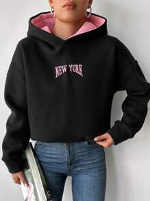 EURMUSE 100%Cotton Letter Graphic Drop Shoulder Hoodie - Black - View 3