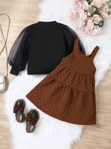 SHEIN Kleine Mädchen Kontrast Mesh T-Shirt mit Laternenärmeln und einfarbiges Kleid