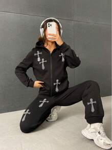 SHEIN Unity Pha lê Hoa văn chữ thập Áo Zip Up Hoodie & Quần nỉ - màu đen - Xem 1