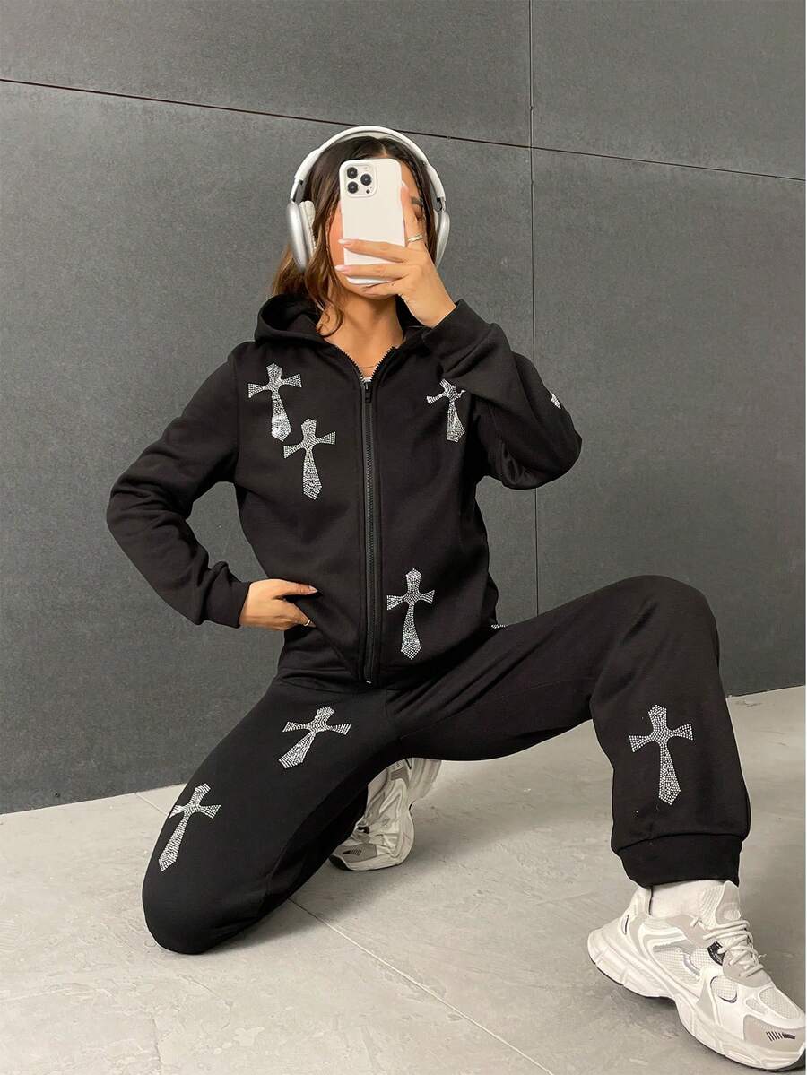 SHEIN Unity Pha lê Hoa văn chữ thập Áo Zip Up Hoodie & Quần nỉ - màu đen - Xem 1