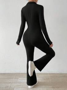Chiquease Solid Thermal Lined Flare Leg Jumpsuit - Black - View 2