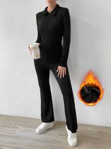 Chiquease Solid Thermal Lined Flare Leg Jumpsuit - Black - View 6