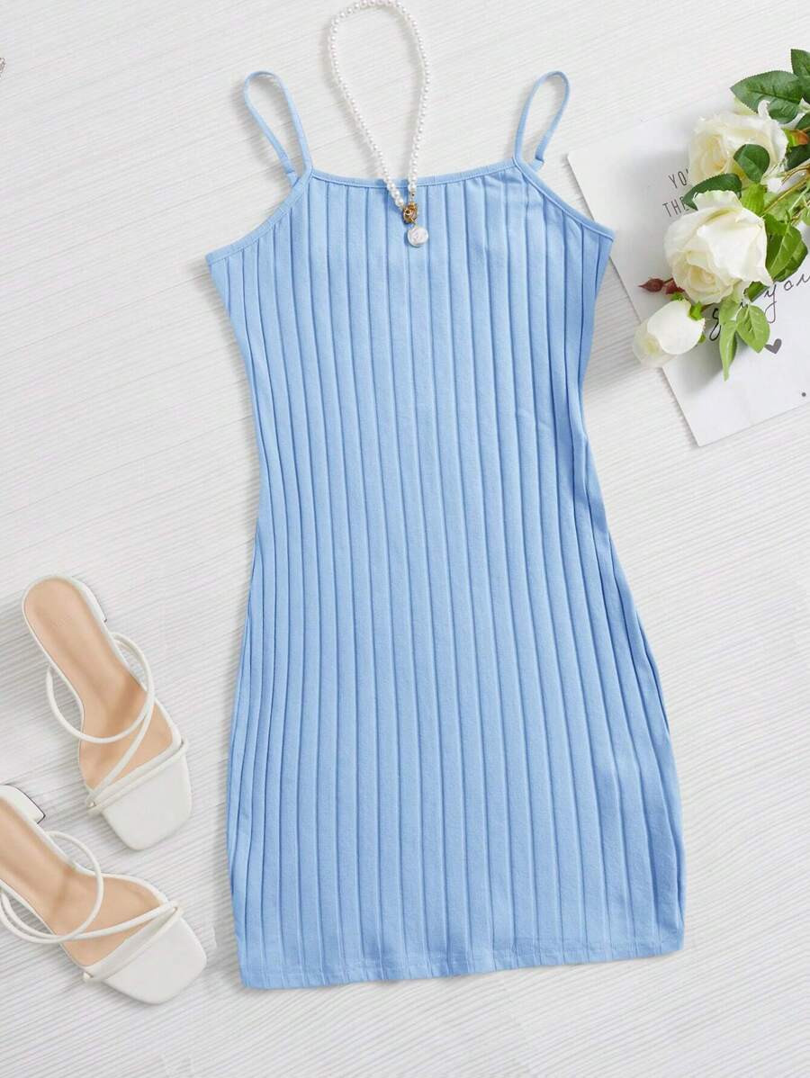 SHEIN EZwear Rib Knit Bodycon Dress - Baby Blue - View 1