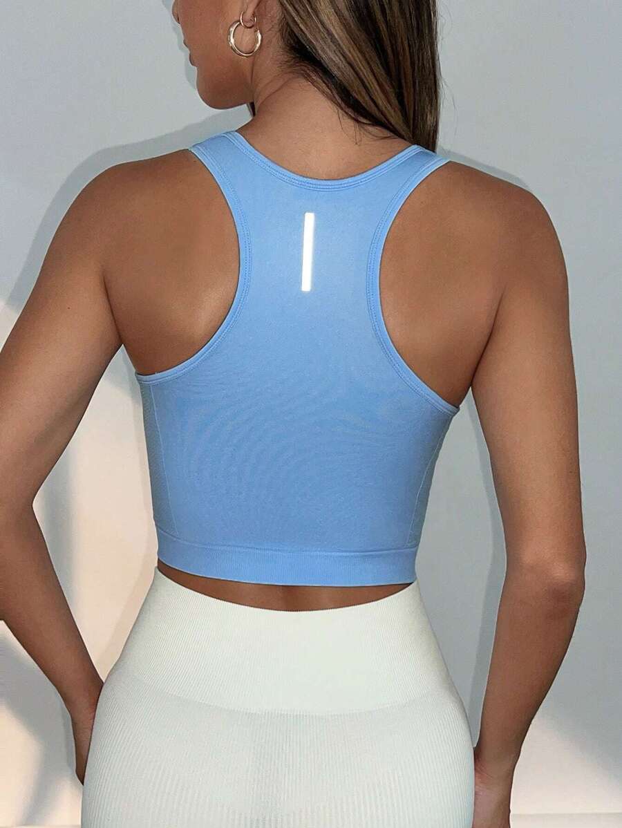 SHEIN Sports 对比色边饰短款运动健身背心健身房上衣修身衬衫 - 淺藍色 - 查看 1