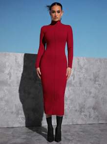 SHEINNeu Cổ giả Đường may Cắt tỉa Váy bodycon - Đỏ - Xem 1