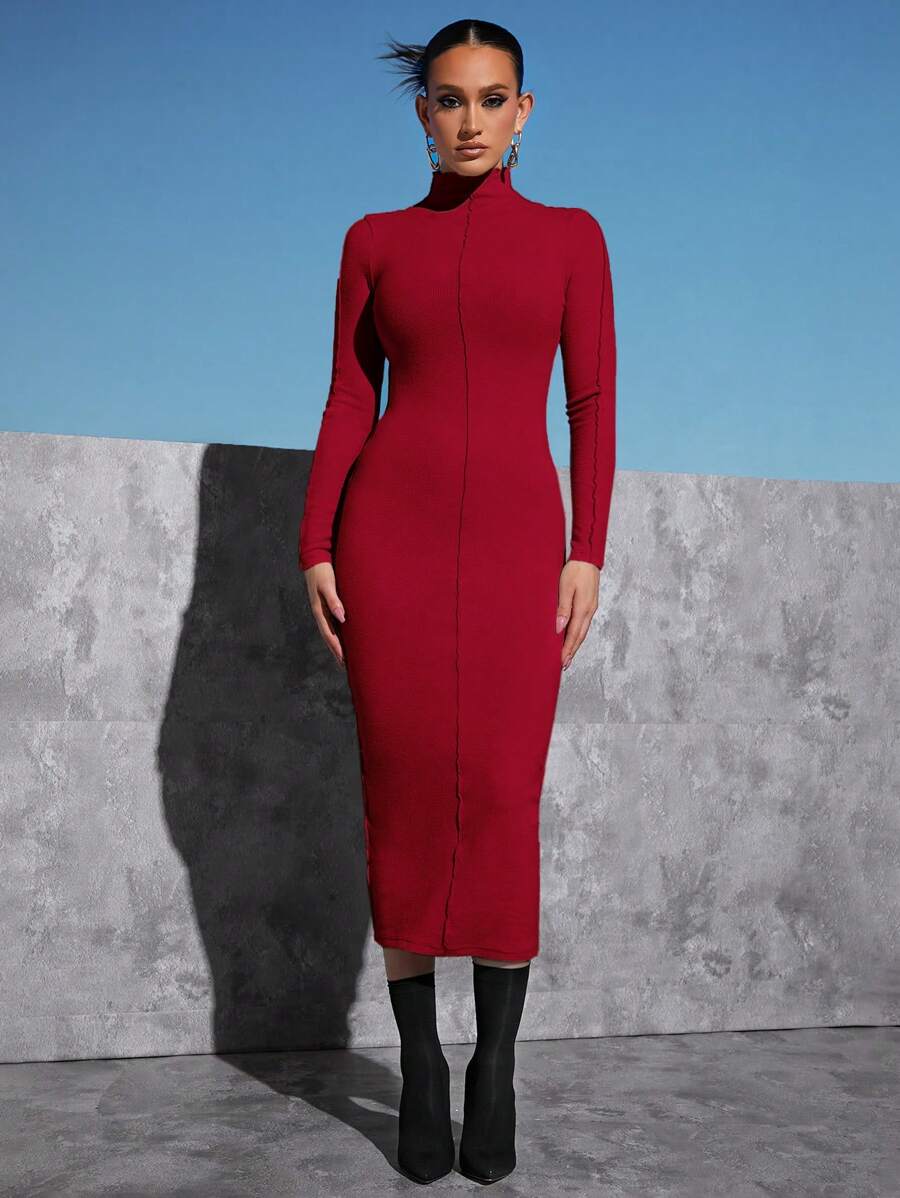 SHEINNeu Cổ giả Đường may Cắt tỉa Váy bodycon - Đỏ - Xem 1