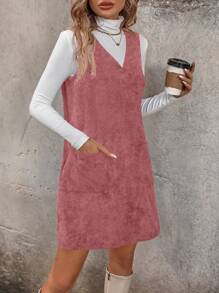 SHEIN LUNE 1 Miếng Túi Kép Cổ v Váy không tay - Hồng - Xem 5