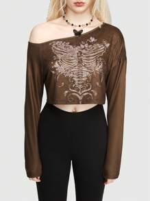 ROMWE Fairycore 骷髅印花不对称领口 T 恤 - 棕色 - 查看 2