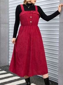 Calvaya Plus Button Front Pinafore Dress Without Tee - Burgundy - View 6