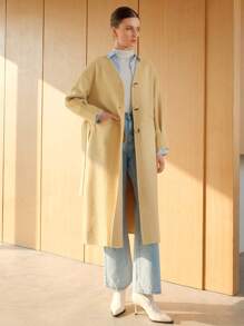 Anewsta 1pc Button Front Drop Shoulder Belted Overcoat - Ginger - View 6