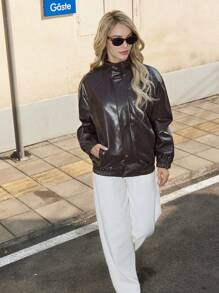 SHEIN Essnce 女款人造皮革長袖夾克外套 - 棕色 - 查看 2