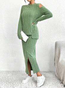 SHEIN Essnce Cut Out Asymmetrical Hem Tee & Skirt - Multicolor - View 1