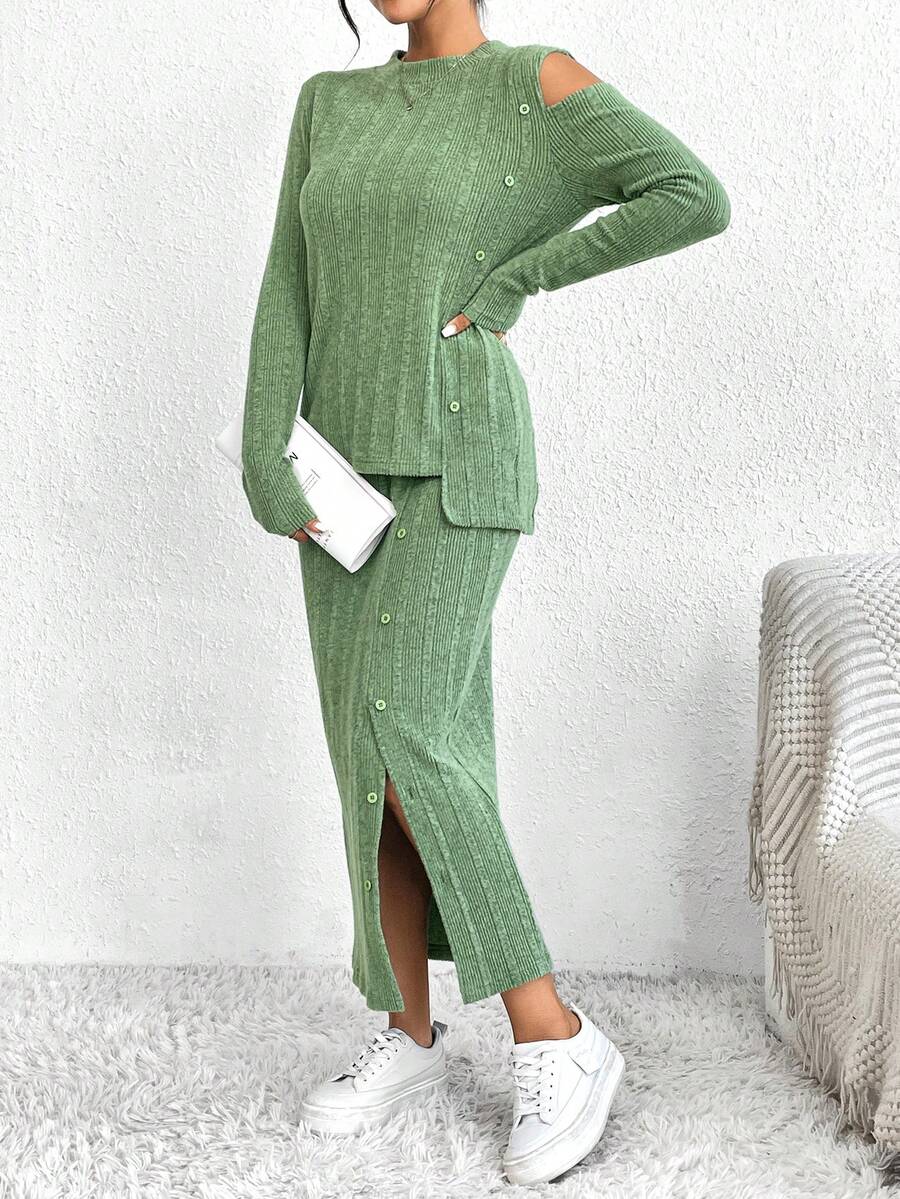 SHEIN Essnce Cut Out Asymmetrical Hem Tee & Skirt - Multicolor - View 1