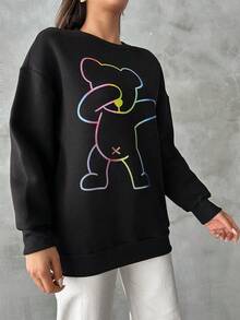 EURMUSE Cartoon Graphic Drop Shoulder Sweatshirt - Black - View 5