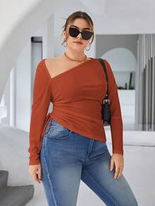 SHEIN Essnce Plus Asymmetrical Neck Drawstring Side Tee - Rust Brown - View 4