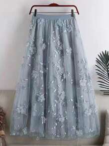 Women's Elegant Mesh Embroidered Floral Skirt, Autumn - Grey - View 2