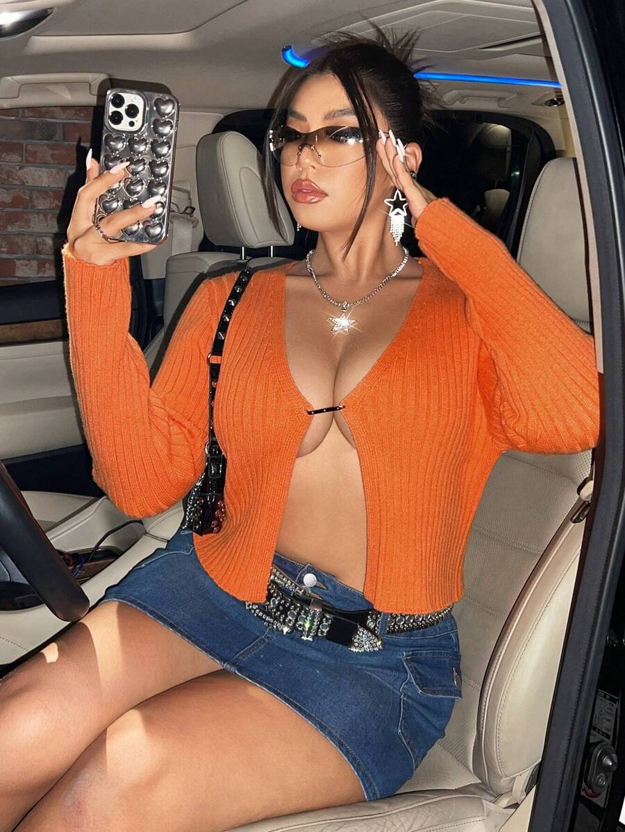 Flirla Hơn Chất rắn Đồ đan Ribbed Áo len Mở - trái cam - Xem 1