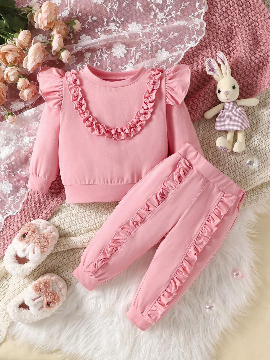 Bebé niña Pantalones deportivos con sudadera ribete con fruncido - Rosa - Ver 1