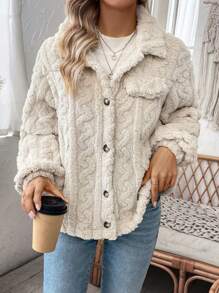 SHEIN Essnce 雙面毛絨外套 - 卡其色 - 查看 4