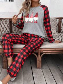 SHEIN LUNE Christmas and Gingham Print Raglan Sleeve Tee & Sweatpants - Multicolor - View 4